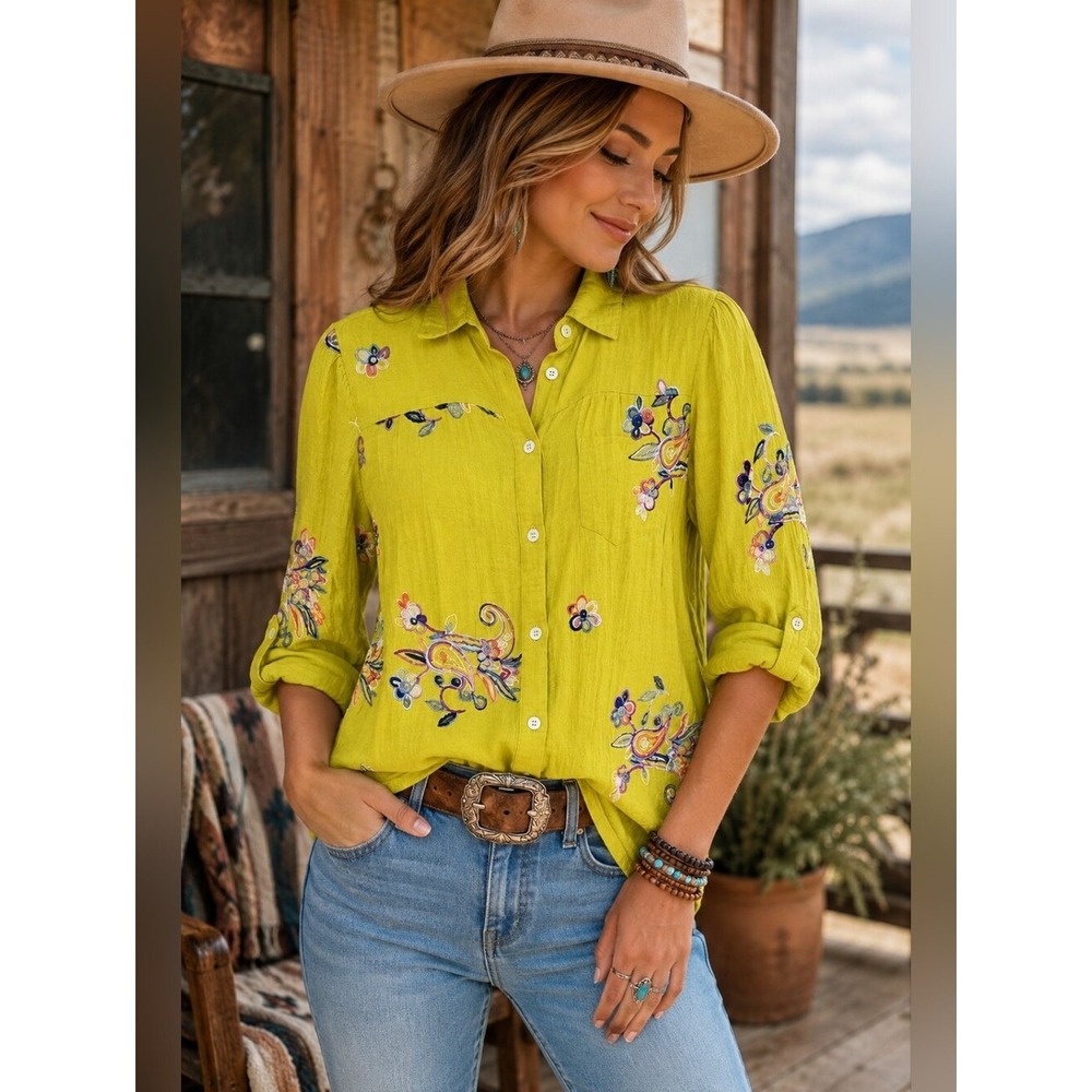 Fig & Flower Embroidered Marigold Button Front Boho Blouse Small